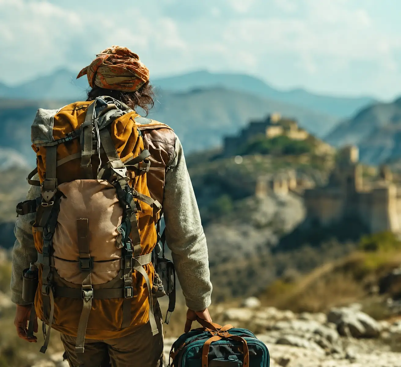 Viaggiatore con zaino che guarda un borgo di montagna all'orizzonte