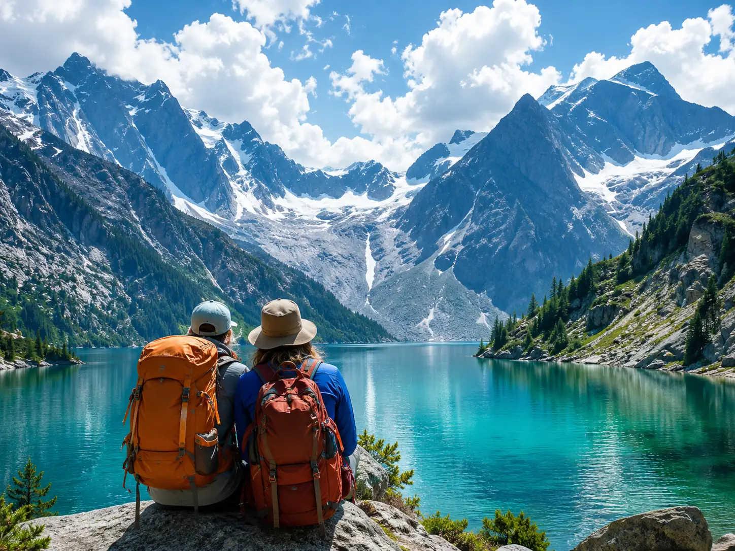 Due viaggiatori con zaini ammirano un lago di montagna