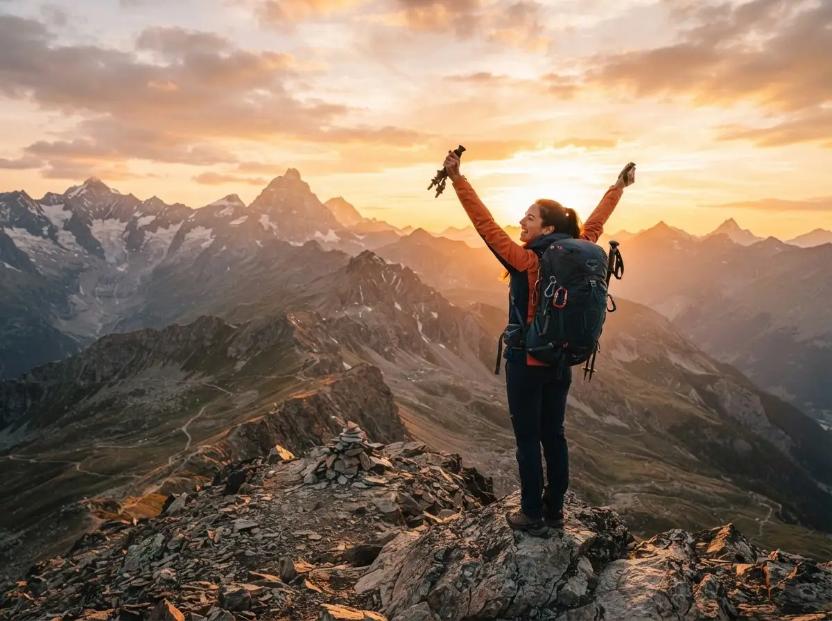 Viaggiatore in vetta che ammira le montagne al tramonto